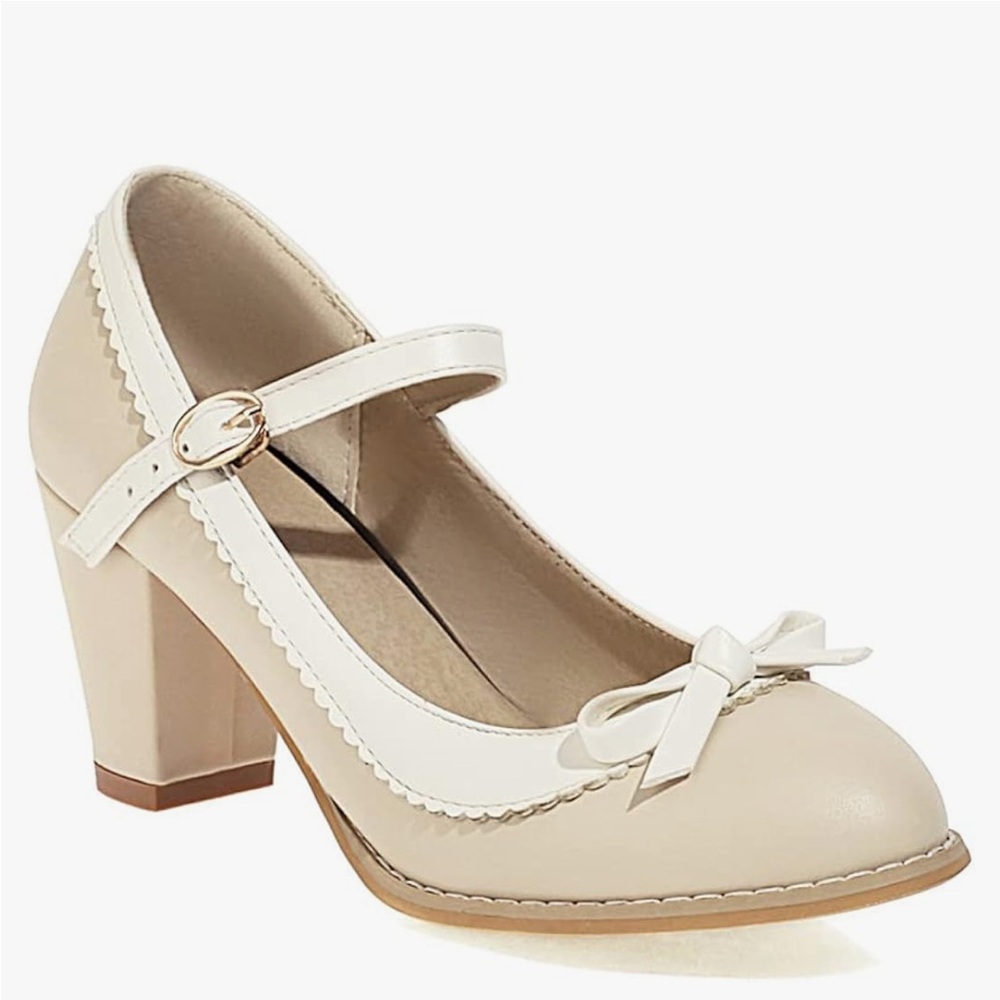 Chunky Block Heel Ankle Strap Bow Front Toe Retro Mary Jane Pumps, Beige, 10.5 - Picture 2 of 10